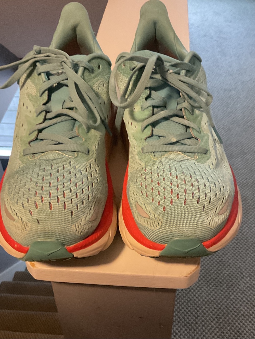 Hoka Womens  Mint Green and Coral Athletic Sneakers